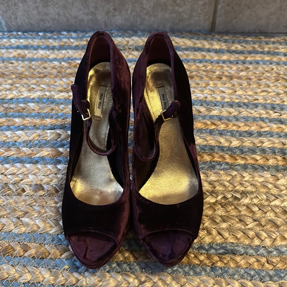 Purple velvet Miu Miu peep toe heels